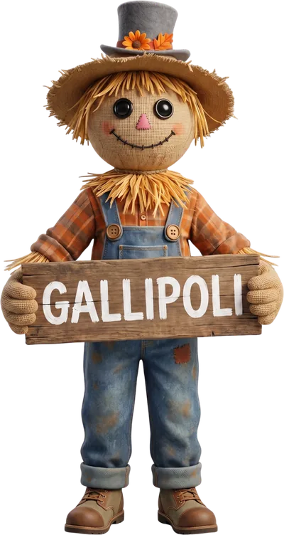 Lo spaventapasseri del Parco d’Autunno con il cartello «Gallipoli»