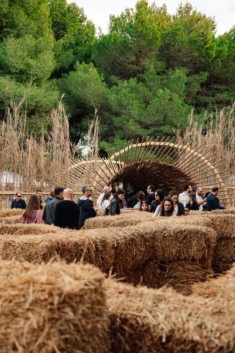Visitatori nel labirinto di fieno davanti al tunnel di canne — Parco d’Autunno al Raffo Parco Gondar di Gallipoli