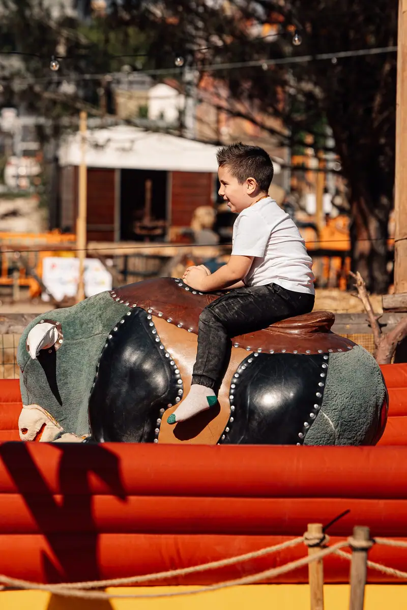 Bambino sul toro meccanico — Parco d’Autunno al Raffo Parco Gondar di Gallipoli