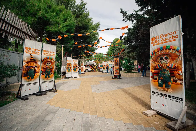 Viale ingresso con stendardi